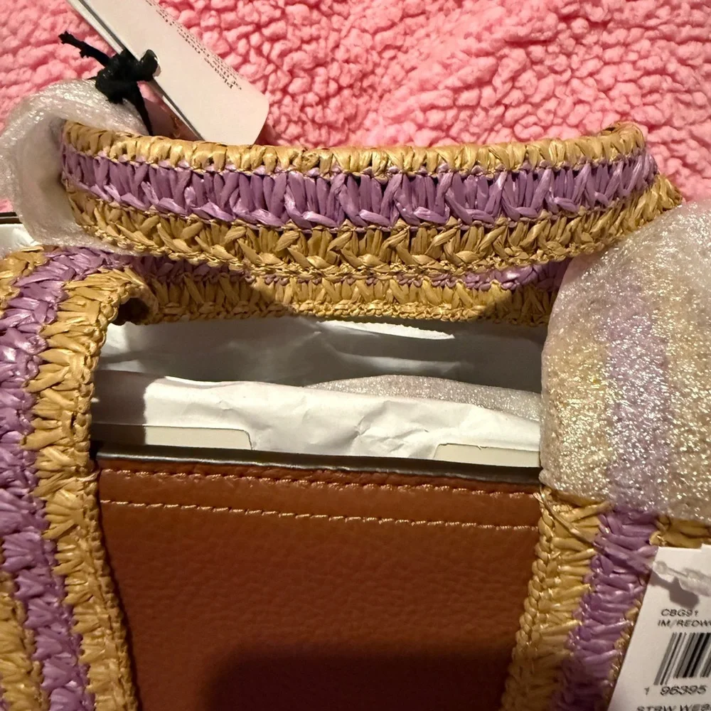 Coach Satchel Crossbody leather Raffia Brown Tan and Purple NWT - Picture 7 of 12